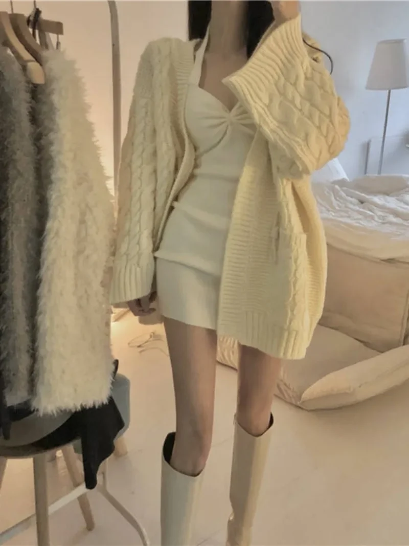 

Sweet Lazy Hanging Neck Dress Cardigan Two Piece Set Women Korean Gentle Soft Glutinous Solid Knit Slim Sweet Warm Winter Suit