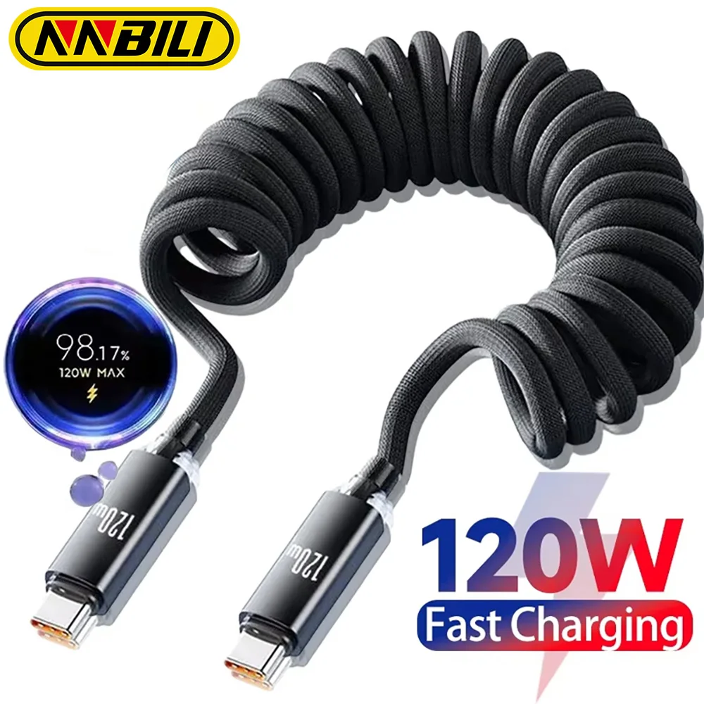 NNBILI 120W Car Type C to USB C Fast Charging For iPhone 17 16 USB A To Type C Spring Telescopic Cable For Samsung Xiaomi Huawei