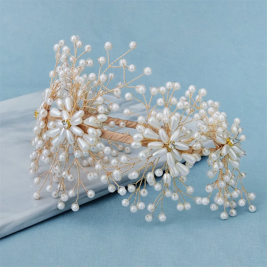 Efily Trendy Handmade Pearl Bridal Headband Headpiece Wedding Hair Accessories for Women Tiara Crown Bride Head Jewelry Gift