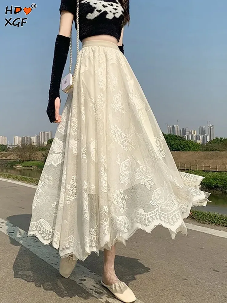 

Harajuku Lace Embroidery Irregular Edge Long Skirts Women Summer Autumn New Elastic High Waist A-line Skirt Casual Pleated Skirt