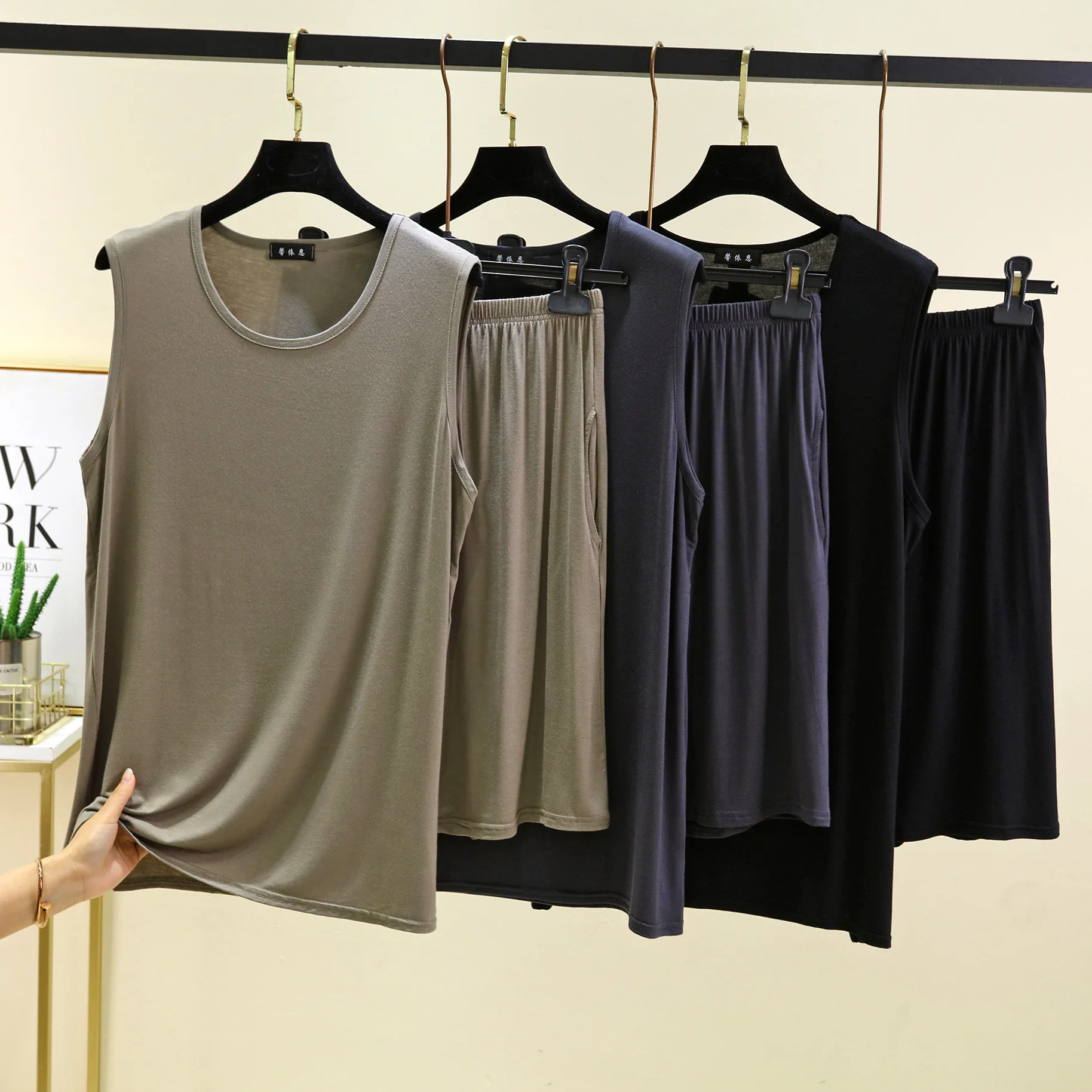 Erwachsene männer Pyjamas Set Plus Größe Nachtwäsche Ärmelloses Top Hose Anzug Modal Komfort Hause Tragen Mann Nachtwäsche Pijama Männlich L-6XL – Detail 7