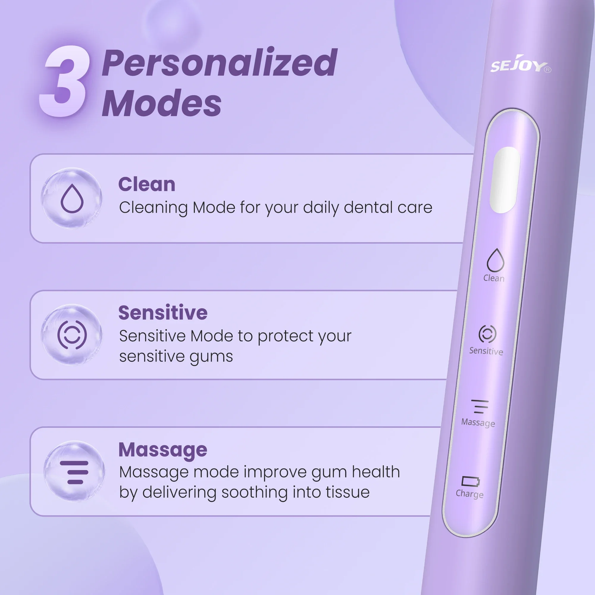 SEJOY Oral Cleaning Sonic Electric Toothbrush Personal Care Appliances IPX7 3 Modes Smart Rechargeable Automatic Toothbrush 4