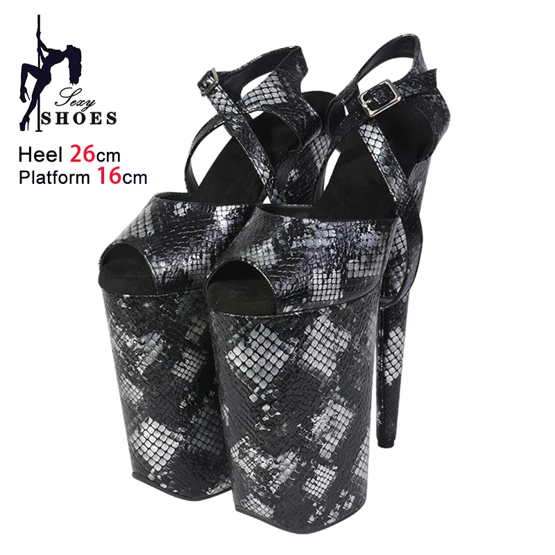 26CM/10Inch Extreme high heels Women Platform Peep Toe Sandals 2025 New Summer Cross Buckle Strap Snake Pattern Pole Dance Shoes