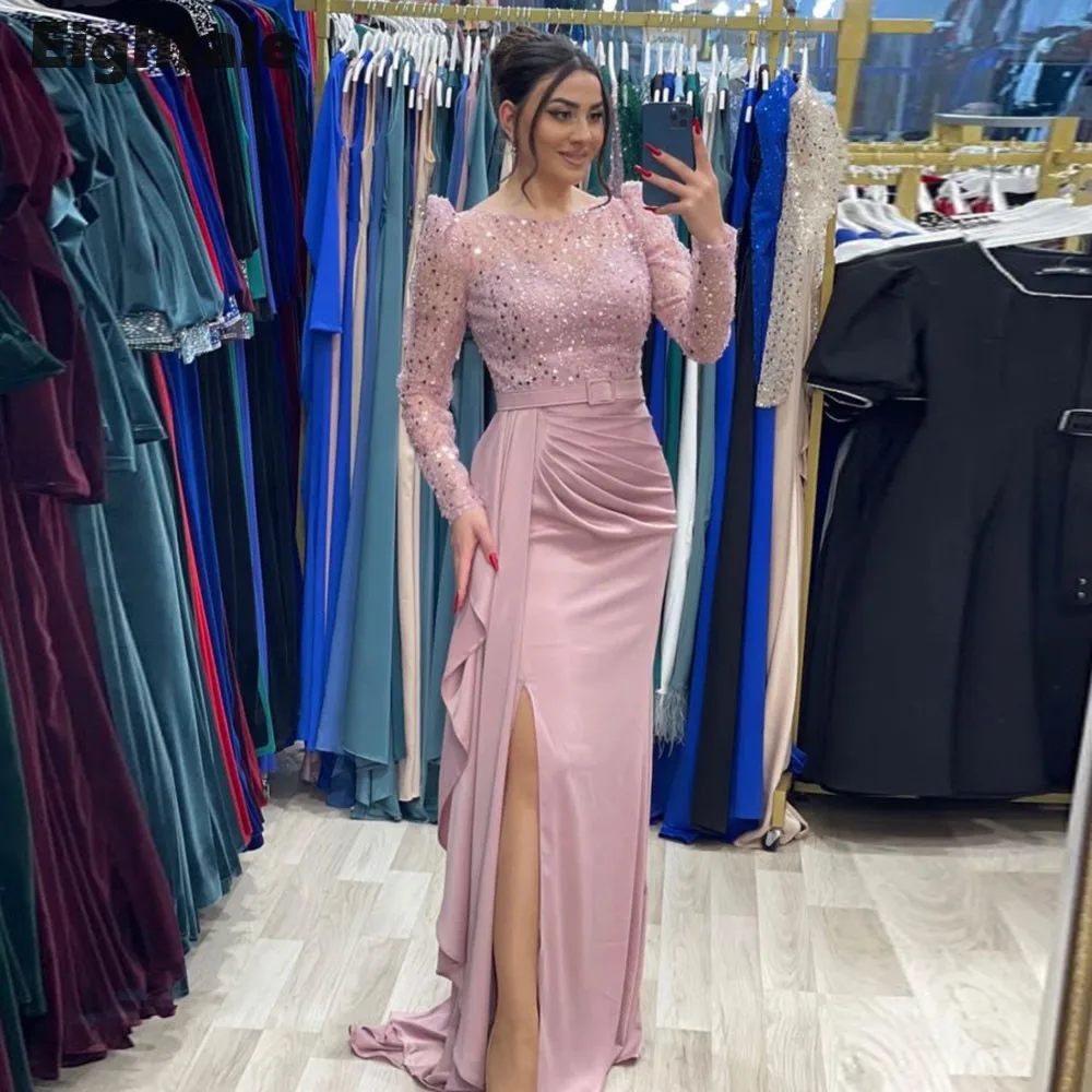 

Eightale Dusty Pink Evening Dresses O-Neck Long Sleeves Belt Mermaid Prom Wedding Party Gowns Satin Arabic Robe De Doirée