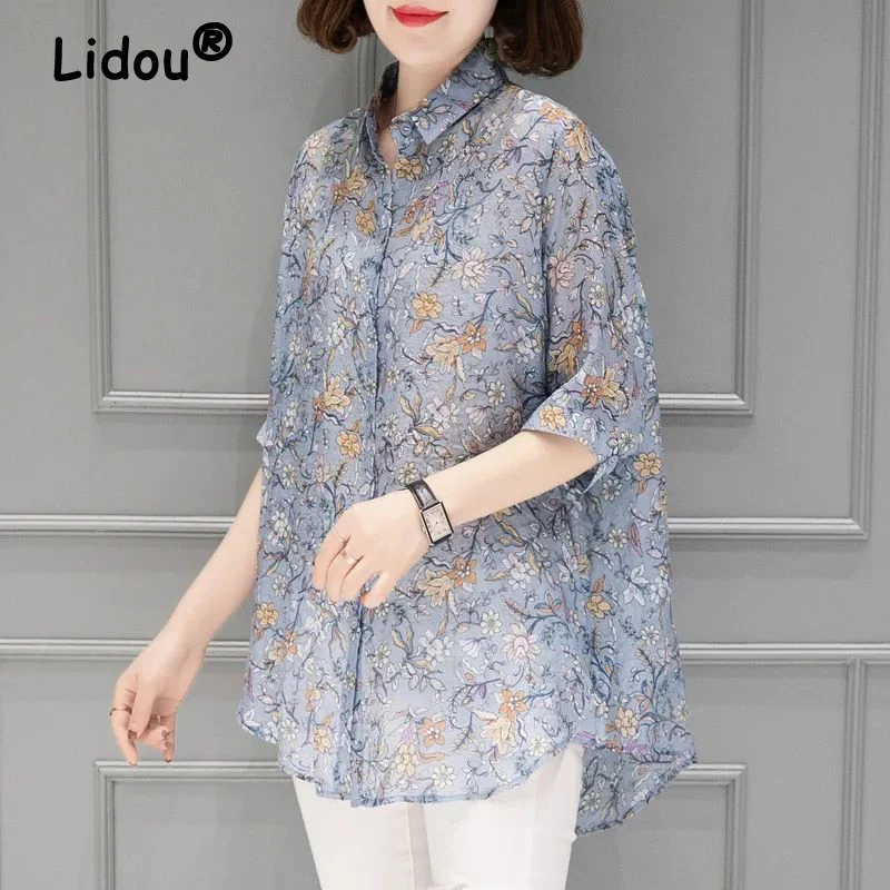 

Vintage Fashion Floral Printed Loose Irregular Tunic Ladies Tops Blouses 2023 Summer Women's Casual Short Sleeve Button Up Shirt