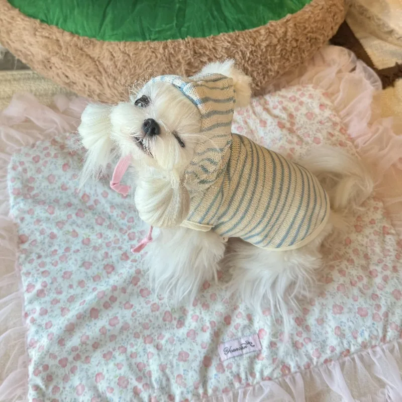 강아지 후드티 귀여운 파란색 줄무늬 후드티 봄 가을 요크셔 슈나우저 고양이 강아지 줄무늬 옷 소형 중형 강아지 고양이 스웨터