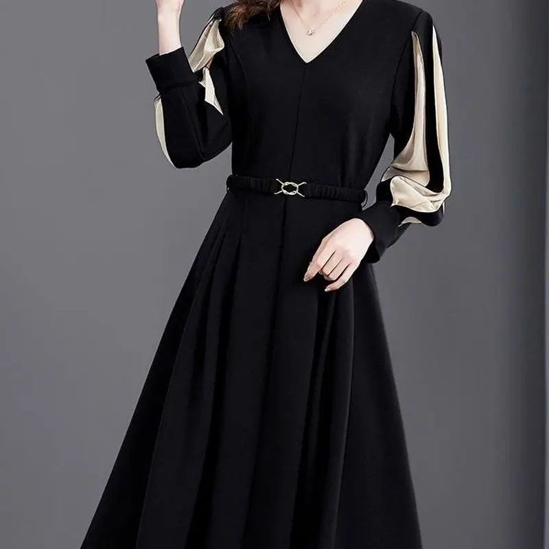 Office Lady Solid Color Patchwork Midi Dress Elegant V-Neck All-match Spring Autumn Sashes A-Line Waist Women's Pleated Dresses 3