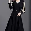 Office Lady Solid Color Patchwork Midi Dress Elegant V-Neck All-match Spring Autumn Sashes A-Line Waist Women's Pleated Dresses 3