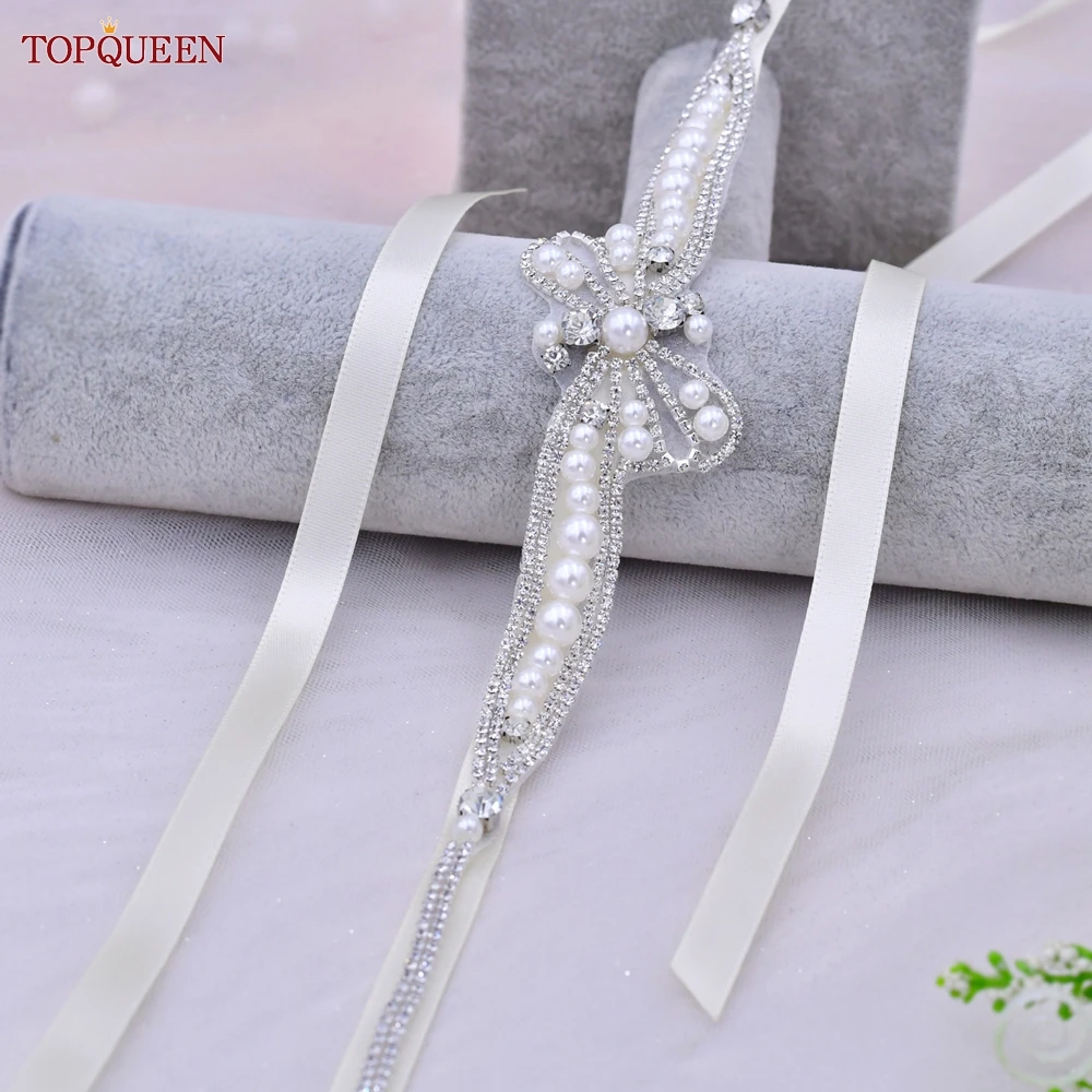 

TOPQUEEN S97 Bridal Wedding Dress Belt Bridesmaids Pearls Ribbon Sash Women Party Evening Skirt Gown Crystal Applique Sparkly