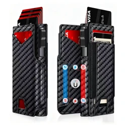 Sleek Black Leather RFID Blocking Men's Wallet with Pop - Up Card Holder & Sleeves (Carbon Fiber)