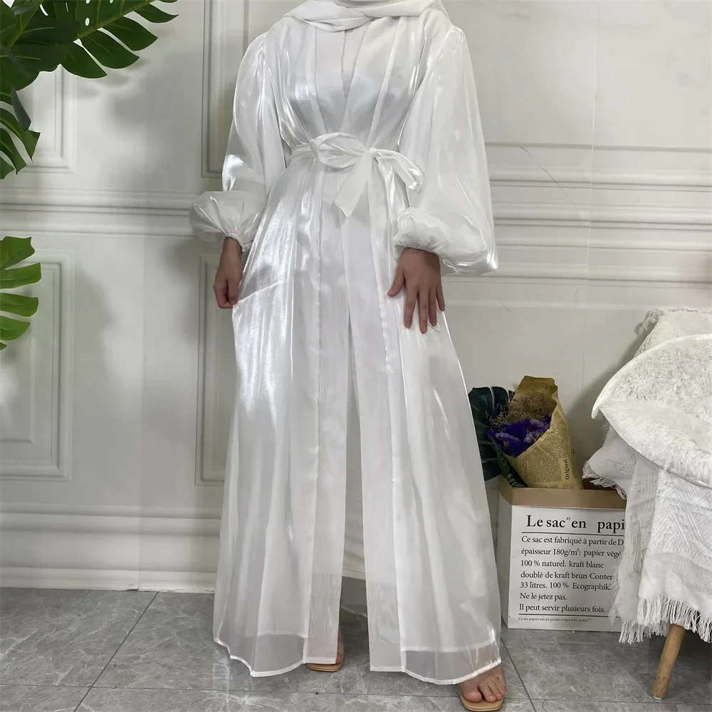 Shiny Silk Satin Open Abaya Kimono Kaftan Lantern Sleeves Cardigan Muslim Hijab Dress Saudi Abayas for Women Dubai Turkey Islam
