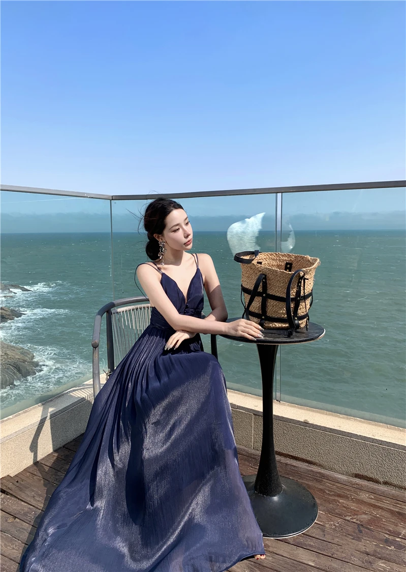 Summer New Spaghetti Strap Long Dresses for Women V-neck A-line Evening Party Dress Backless Prom Robe One Piece Vestido Mujer