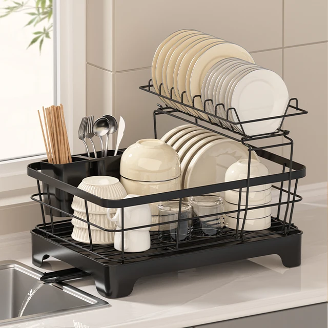 Égouttoir à vaisselle de cuisine japonais Compact, égouttoir à vaisselle en acier avec porte-ustensiles à plaque amovible et porte-baguettes à double couche 1
