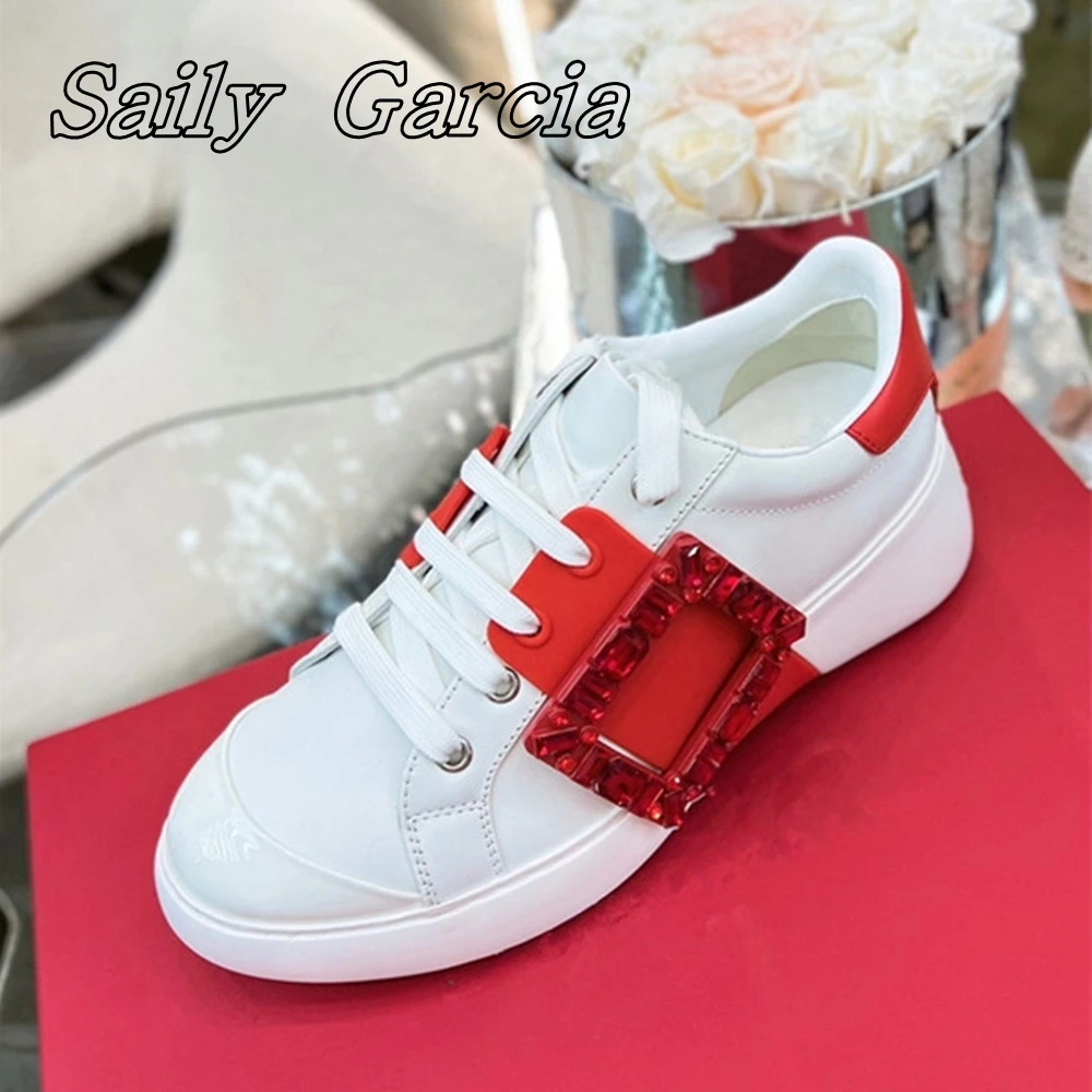 Genuine Leather Square Button Rhinestones Lace Up Vulcanized Shoes Mixed Color Round Toe Flat Shoes Summer Simple Casual Shoes