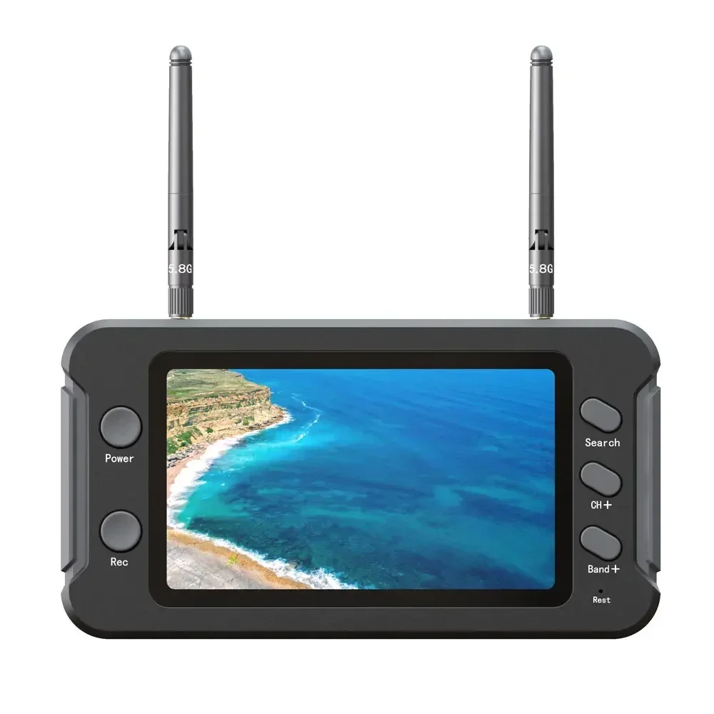 Interface utilisateur du moniteur FPV affichant les 40 canaux et les options de menu DVR.