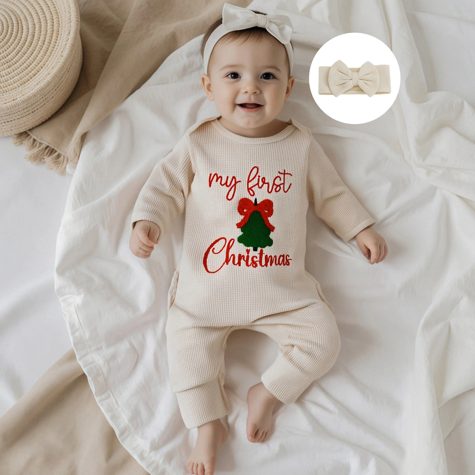 0-6 mesi Il mio primo vestito natalizio per bambina Neonato Babbo Natale Waffle Maglione lavorato a maglia Pagliaccetto Tuta Abiti carini per neonati - immagine 2