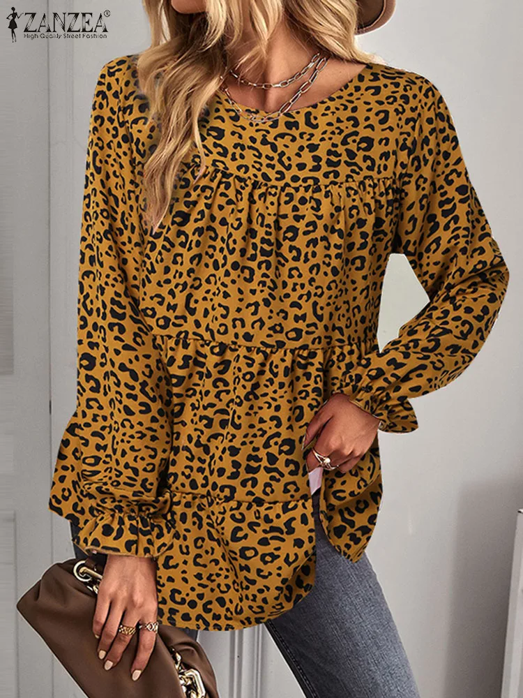 

Праздничные Топы с длинным рукавом ZANZEA, пикантные рубашки с леопардовым принтом, Женская Осенняя блузка с круглым вырезом, модель 2023 года, блузка-туника оверсайз со складками