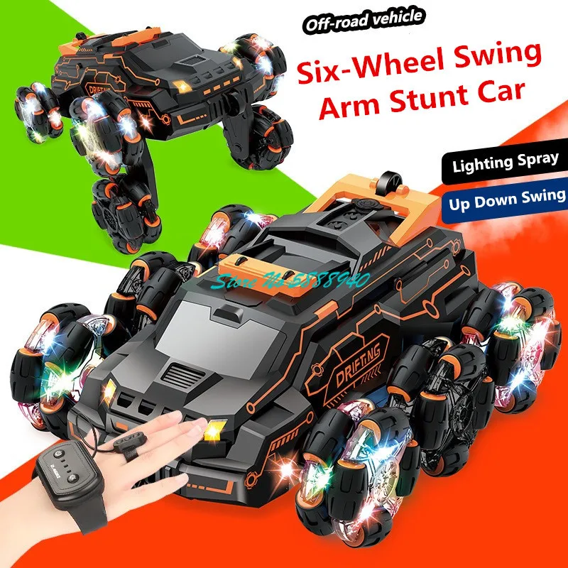 

Watch Dual Remote Control Six-Wheel Swing Arm Spray Remote Control Stunt Car 4WD All Terrain Lighting Sound Dual Side RC Car Toy
