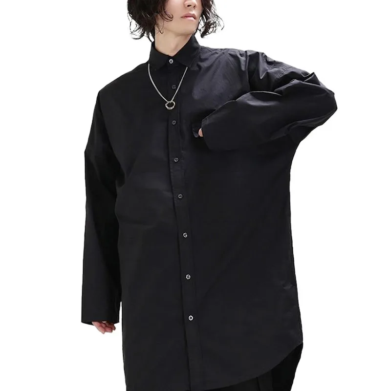 

New Japanese Men's Mid Length Black Loose And Minimalist Silhouette Long Sleeved Shirt