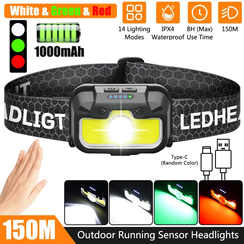 

5W Mini Ultra-Light Bright Headlamp 1000mAh White+Red+Green 3 in 1 USB Rechargeable Head Lamp 14 Modes Motion Sensor Headlight