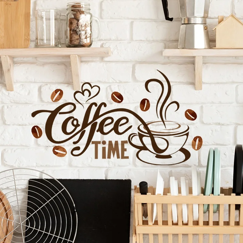 Simple English Slogan Coffee Time Wall Sticker,Cafe Living Room Water Bar Home Decor Coffee Wall Sticker Self-adhesive