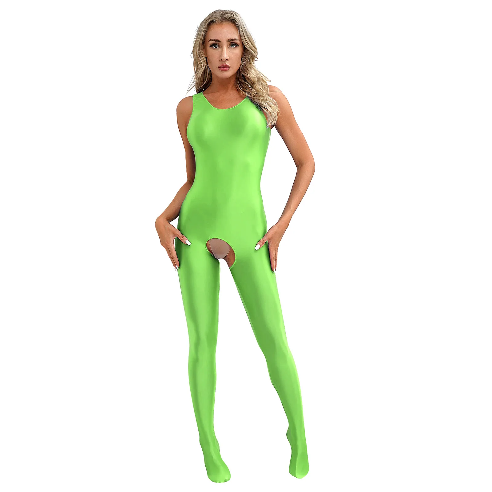 thumbnail image 1 of Medias de cuerpo completo para mujer, lencería, mono de entrepierna abierta, disfraz de una pieza, monos con patas y cuello en U, mallas brillantes, mono elástico, 1 of 5