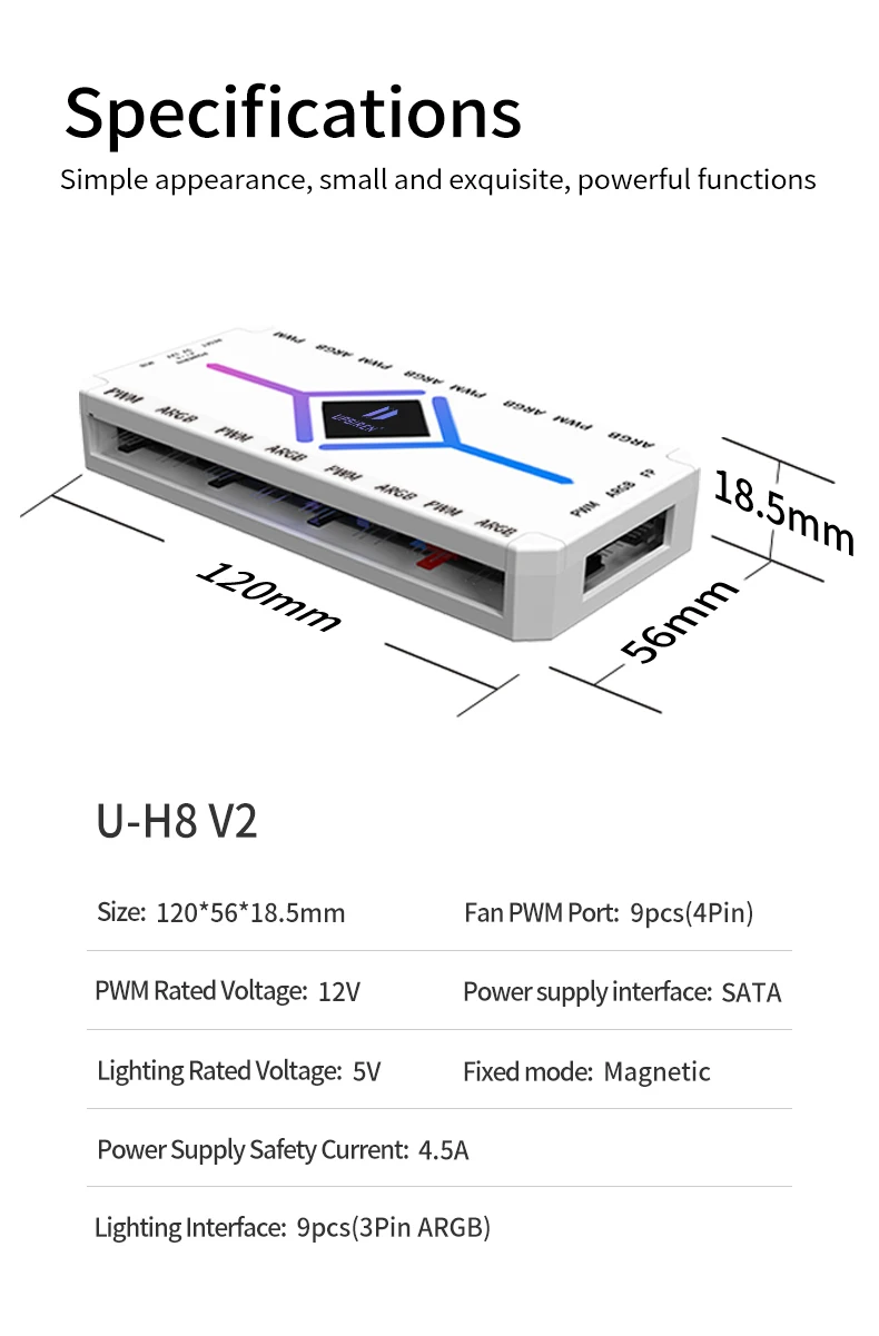 U-H8 5V 3PIN ARGB&4PIN PWM HUB Computer Case Fan Light Synchronous Bottom magnet