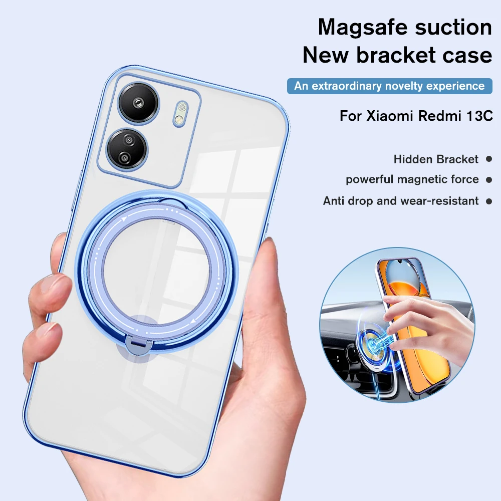 Custodia Morbida In Tpu Trasparente Per Xiaomi Poco C65 Redmi 13 4G Supporto Magnetico Rotante Ring Camera Protect Fundas Poko Little C 65