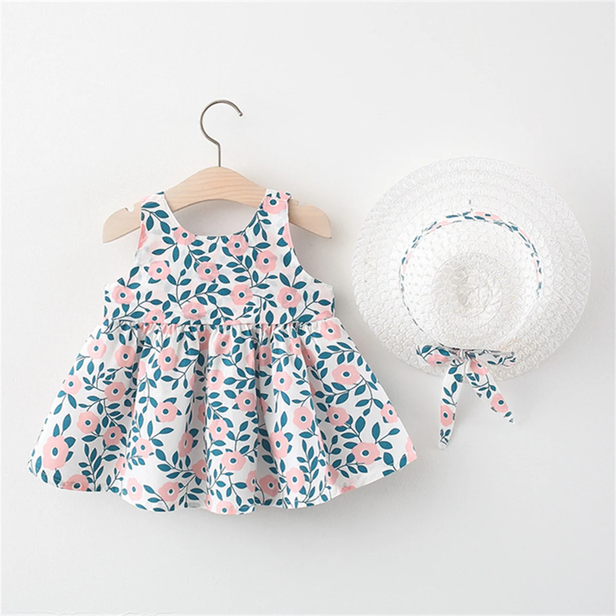 Girls dress baby girl dress 2-Piece Baby Suspender Dress + Sun Hat Girl'S Leaf Print Bow Sleeveless Cotton Beach Skirt Children'S Aesthetic Daily