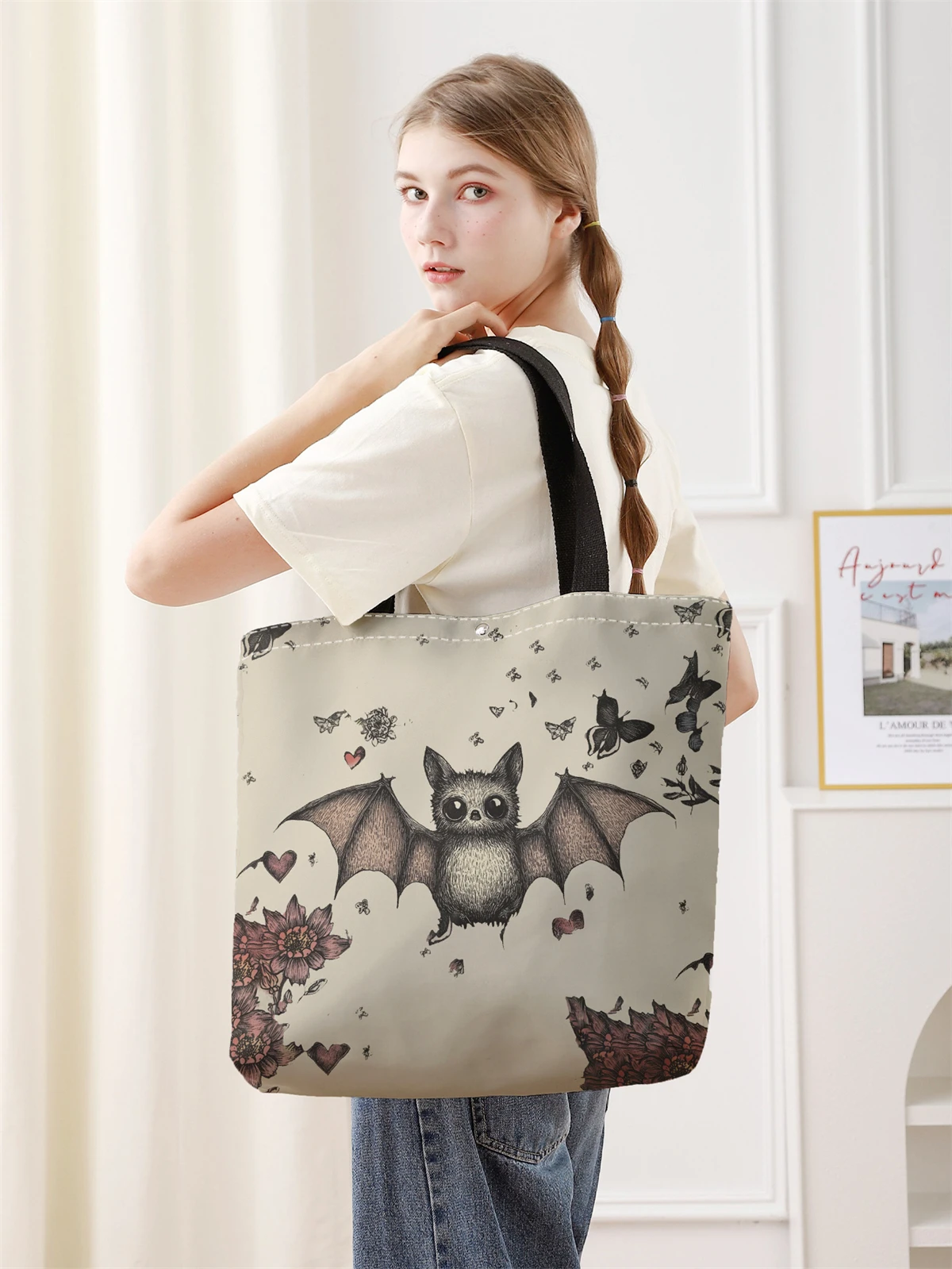 1pc， Cartoon bat pattern handbag, reusable fashionable handbag, multifunctional handbag, printed canvas shopping bag
