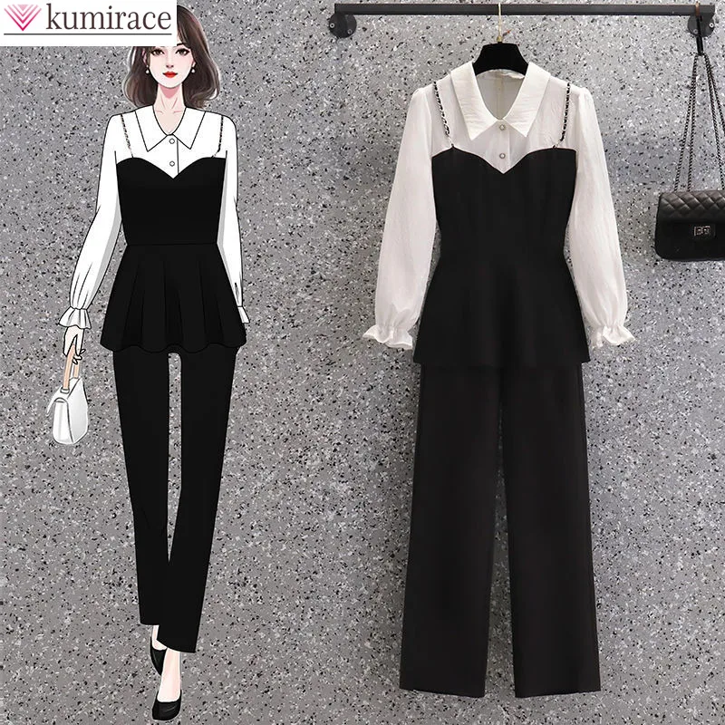 New Style Temperament and Commuter Chiffon Shirt Elegant Women's Suit Long Sleeved Blouse Trousers 2 Piece Office Work Clothes jeans for women 2023 autumn and winter women s jeans fashion commuter high waist slim hole straight jeans women denim trousers