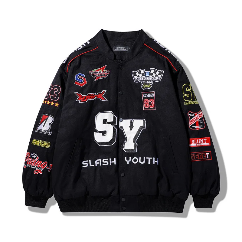 Retro Embroidered Jacket American Street Hip-hop Paste Cloth Motorcycle Jacket Female Loose Racing Suit Male Letter Motorcycle