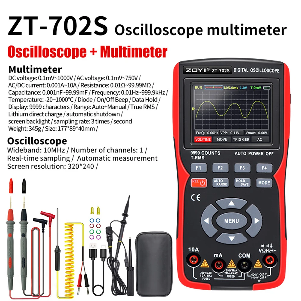 

2 in 1 Digital Oscilloscope Multimeter 2.8inch 48MSa/s Sampling Rate 10Mhz Bandwidth 9999 Counts True RMS IPS Multimetro