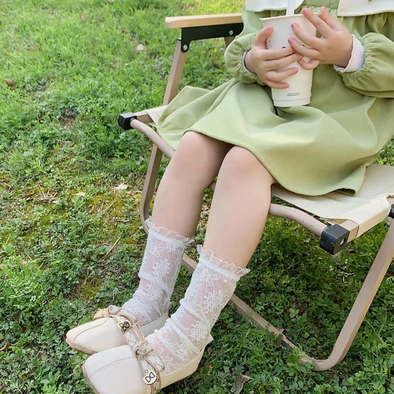 Summer Baby Girls Cute Mesh Sock Korean Lolita Princess Lace Hollow Black Calf Stockings for Kids Thin Knee High Long Socks