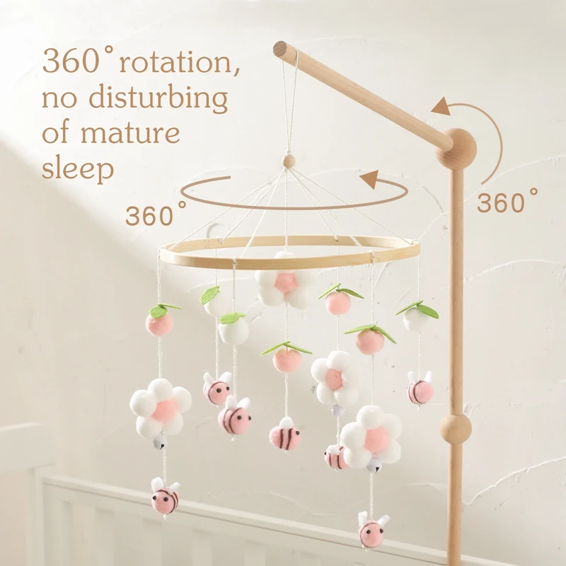 Baby Crib Bed Bell Rattle Toy 0-12 Months Wooden Mobile Cartoon Bee Bed Bell Hanging Toy Holder Bracket