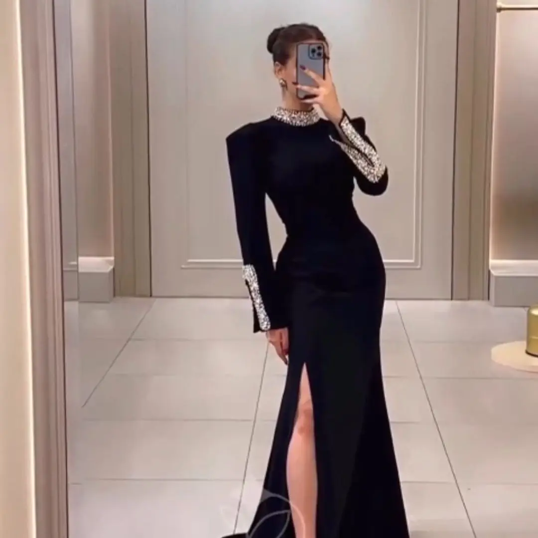 

Black Saudi Arabia Women Prom Dresses Soft Stain Long Sleeves Beadeds Crystals Evening Dresses Women Formal Party Gowns