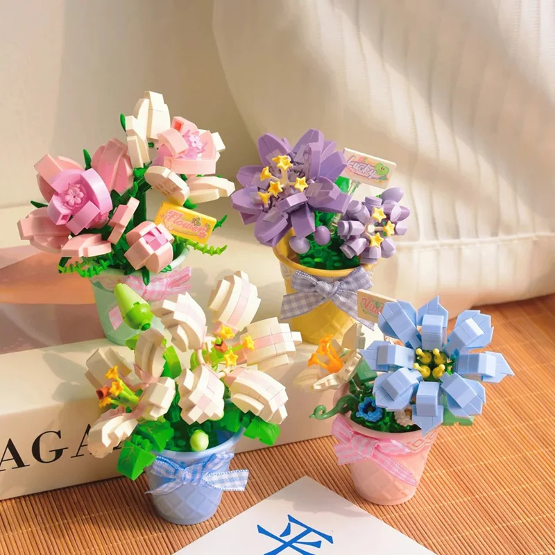 꽃 빌딩 블록 장난감, 분재 화분에 심은 꽃 DIY 선물, 홈 데코, 어버이날 생..