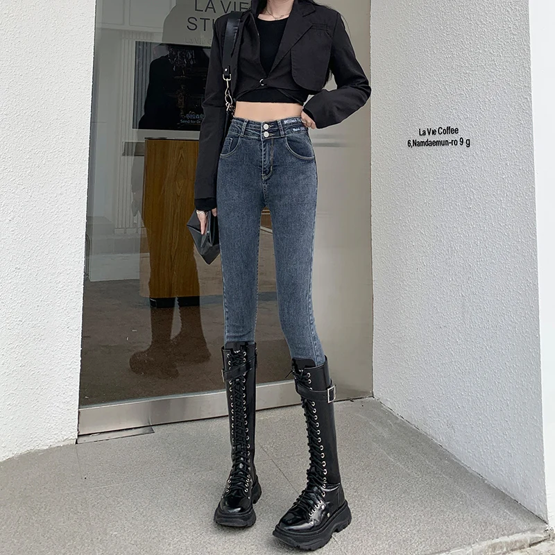 Super Elastic Pencil Jeans Women Skinny Denim Pants Stretch High Waist Slim Trousers Double Button Streetwear Show Thin And Tall