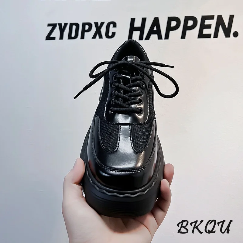 BKQU Male Daddy Shoes 2024 Spring and Autumn Mesh Breathable Black Thick Sole Casual Big Muffin Derby Shoes Advanced 2