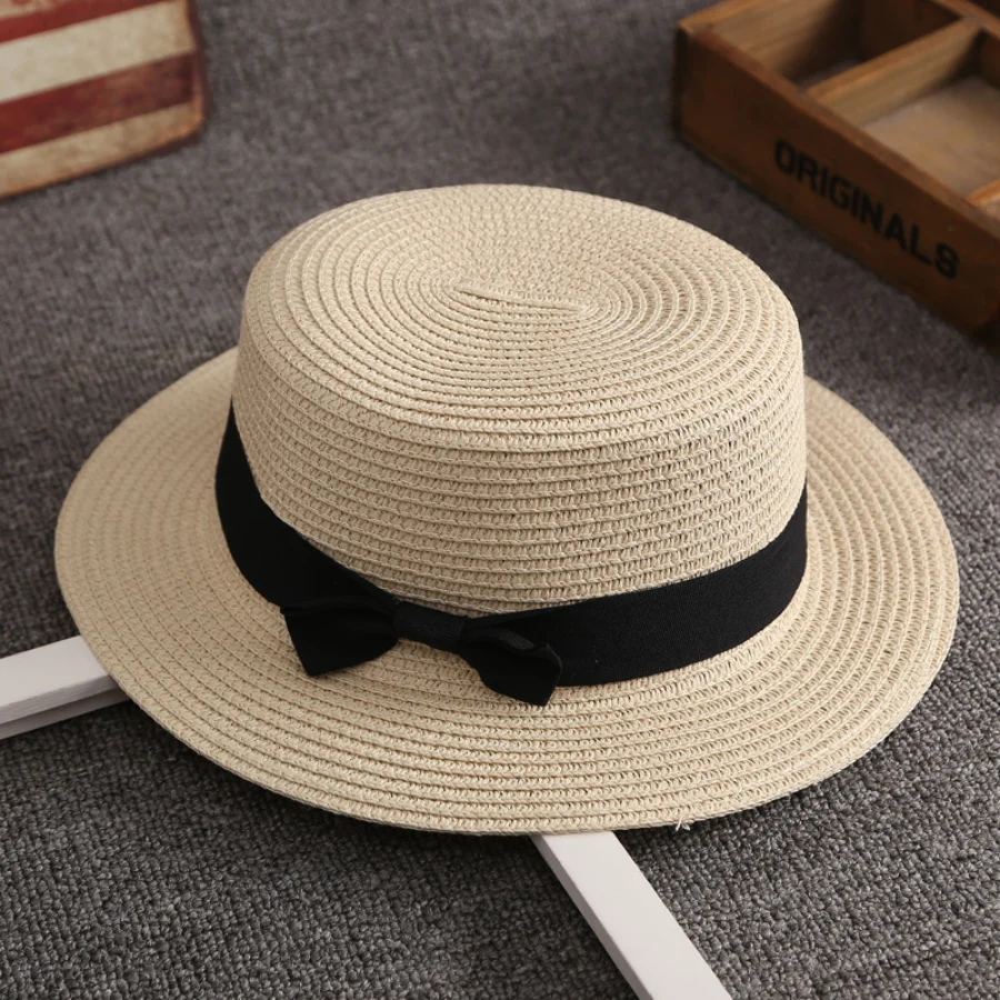 Neuer Panama Einfacher Sommer-Strandhut für Damen, Lässiger Strohhut mit Flacher Krempe und Schleife, Sonnenhut für Mädchen, Chapeu Feminino – Detail 15