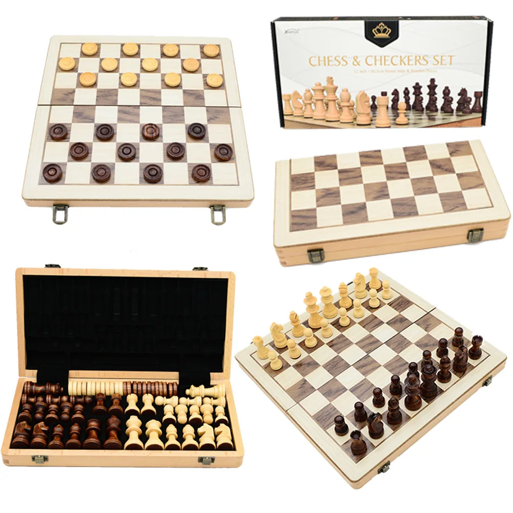 2-in-1 International Chess Checkers Wooden Dual Queen Professional Board Game Toy