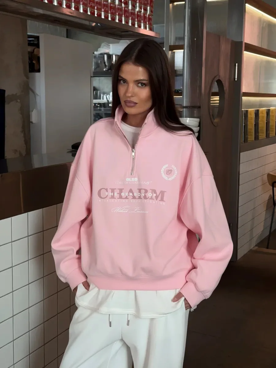 European Retro Badge Letter Printed Half-Zip Lapel Sweater Y2K Fashion Personality Casual Simple Style Sports Women's Streetwear