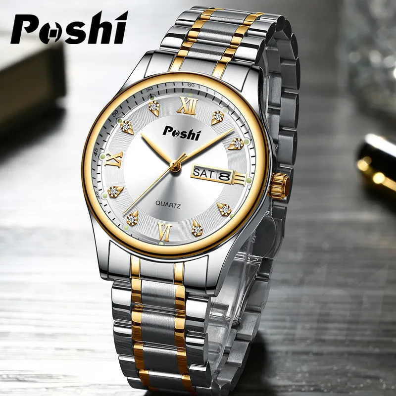 POSHI Men's Luxury Watch for Men Quartz Watches MaleWristwatch Waterproof Luminous Alloy Strap Date Business Clock Man