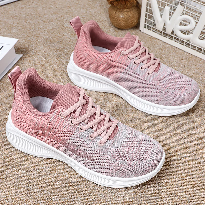 Women's running shoes, sports and leisure soft soled shoes, breathable single shoes, knitted mesh lace up shoes