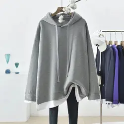 Spring Autumn Contrast Thin Fake Two Piece Hooded Long Sleeve Lacing Loose Plus Size Sweatshirts Casual Fashion Women Clothing