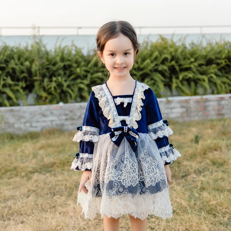 Autumn Velvet Lace Fluffy Skirt Stage Party Lolita Skirt Bow Tie Lolita Girls Dress