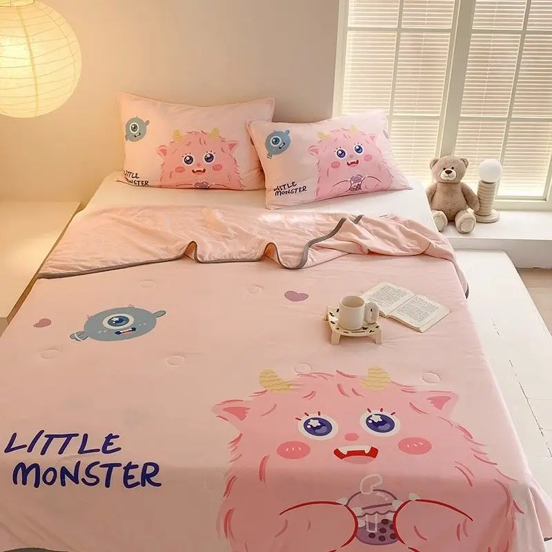 

Ice Silk Summer Bedding Set Comforter Girl Pink Cartoon Mermaid Princess Cheese Duvet Cover Pillocases Queen Size 3pcs 150 200