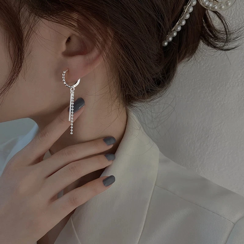 

925 Silver Needle Stud Earrings Fashion Simple Beads Tassel Chain Party Jewelry Birthday Gift eh223