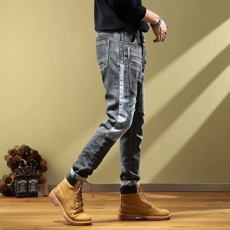 Autumn fashion label fashion patch splicing fashion men's jeans motorcycle retro Korean small leg pants ripped jeans  men jeans