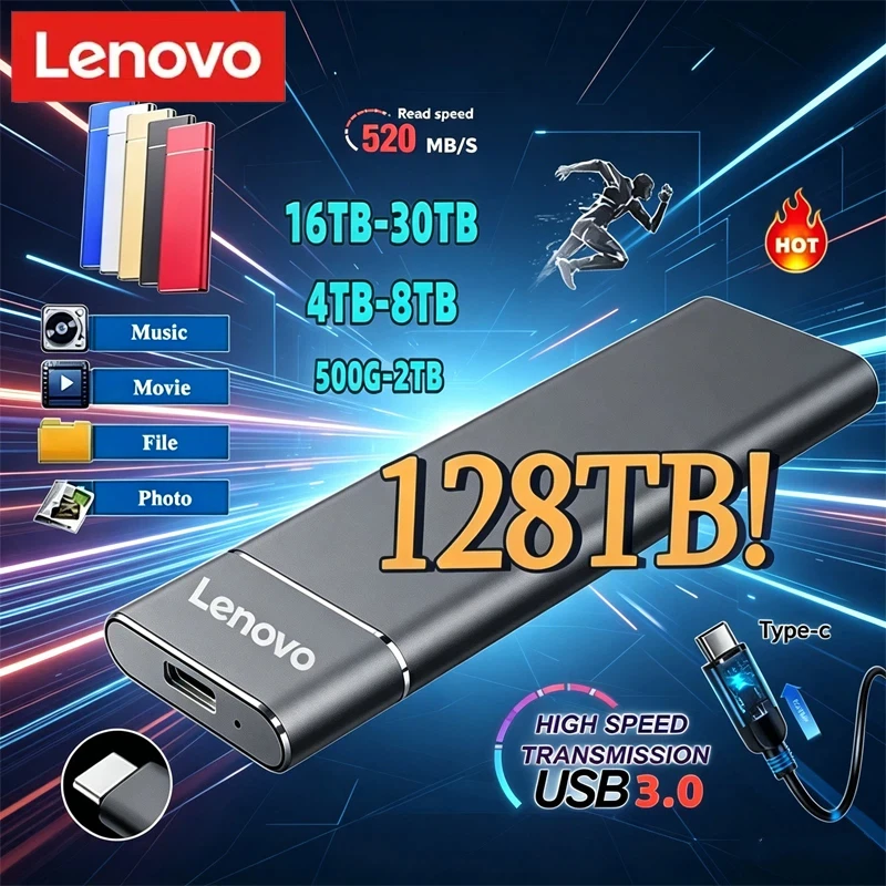 레노버 미니 휴대용 USB 256TB 1TB 2TB 고속 오리지널 대용량 저장장치 SSD USB3.0 외장 하드 드라이브 (컴퓨터/노트북용)